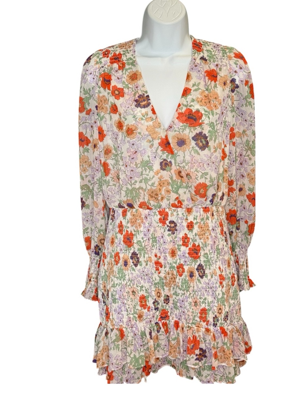 Veronica Beard Saera cream floral shear balloon sleeve smocked mini Dress sz 2